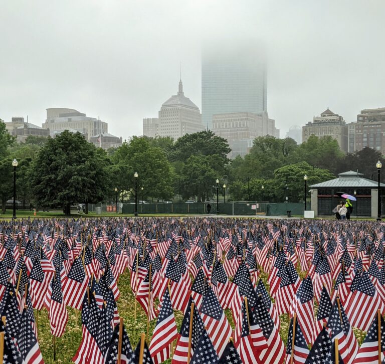 US flaglets at Boston Common with a foggy Boston urbanscape in the background